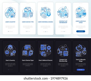 Smart content onboarding vector template. Responsive mobile website with icons. Web page walkthrough 5 step screens. Digital marketing day, night, theme concept with linear illustrations