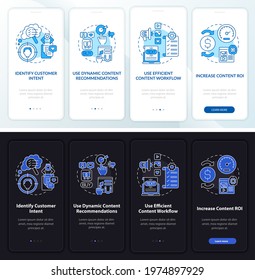 Smart content tips onboarding vector template. Responsive mobile website with icons. Web page walkthrough 4 step screens. Digital marketing strategy day, night, theme concept with linear illustrations