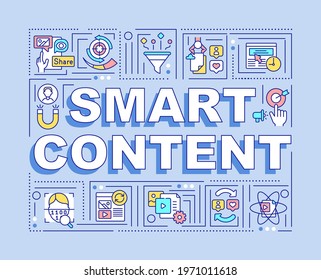 Anuncio de conceptos de palabras de contenido inteligente. Cambio dinámico de datos e información. Infografía con iconos lineales sobre fondo púrpura. Tipografía aislada. Ilustración en color RGB de contorno de Vector