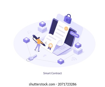 Smart contract 3d isometric illustration. Character signing document or license agreement with electronic digital signature protected with cyber security technology. Vector illustration.
