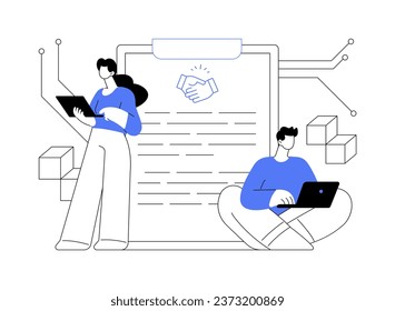 Smart contract abstract concept vector illustration. Signing smart contract between buyer and seller online, modern blockchain technology in business, agreement document online abstract metaphor.