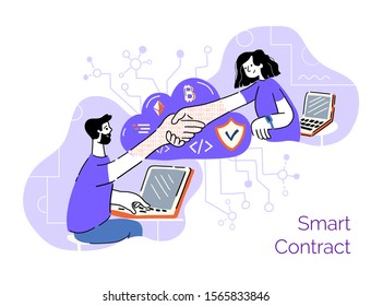 Smart contract agreement, blockchain and cryptocurrency, business network concept. Two people with laptops shaking hands inside smart contract environment: bitcoin, ethereum, cloud service etc.