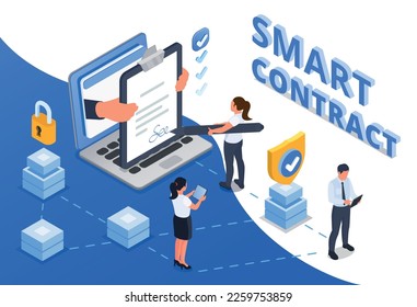 Smart contract agreement electronic signature isometric composition with business people and gadgets vector illustration