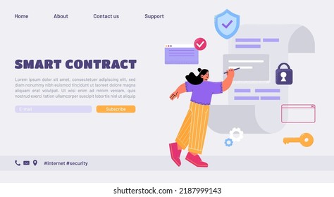 Smart contract banner with woman sign digital document. Concept of online signature service, electronic security of information. Vector landing page with flat illustration of person and agreement