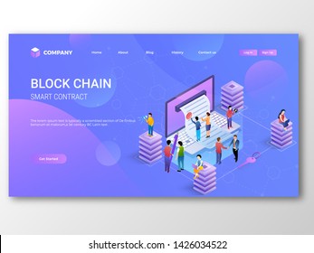 Smart Contract Blockchain landing page design with illustration of people using laptop for e-contract signature concept.