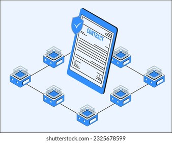 Smart Contract in the Center of Blockchain Technology. A Decentralized Organization Based on Blockchain concept. vector illustration isolated on white background. eps10