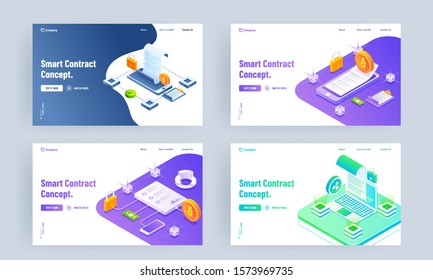 Smart Contract concept based landing page design with laptop, smartphone and cryptocurrency in four option.