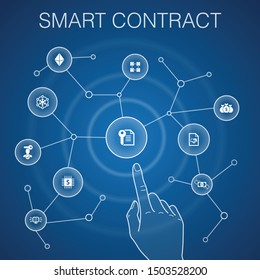 Smart Contract concept, blue background.blockchain, transaction, decentralization, fintech icons