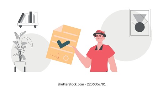 Smart contract concept. Data protection. The guy is holding a contract or document.