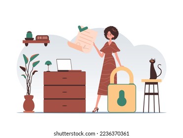 Smart contract concept. Data protection. The girl is holding a document. Trend style character.