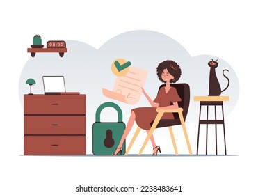 Smart contract concept. Data protection. A woman sits in a chair and holds a document in her hands. Modern style character.