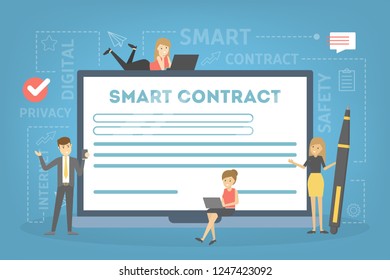 Smart contract concept. Digital business document with electronic signature on it. Modern technology and blockchain. Isolated flat vector illustration