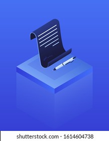 Smart contract concept. Digital signature document. Smart contracts finance data cryptography contractor agreement. Vector isometric icon.