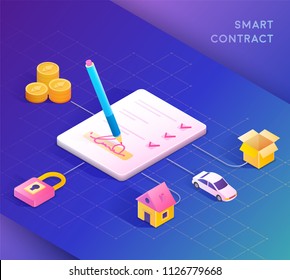 Smart contract concept illustration. Digital signature. Vector illustration