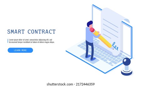 Smart contract concept. A man signing a contract by electronic signature. Web banner. Vector illustration.