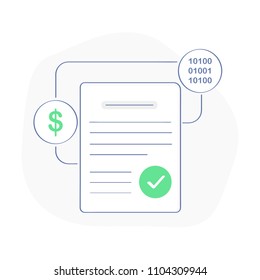 Smart Contract concept, page, white sheet with success icon, dollar sign and binary code. Blockchain technology template. Flat outline symbol concept.