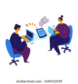 Smart contract concept.A man and a girl conclude a blockchain contract via laptop.Payment for services by bitcoins.Girl and guy sitting at laptops and working on electronic contract.Illustration flat