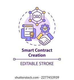Smart contract creation concept icon. Blockchain network operation. DAO lunch step abstract idea thin line illustration. Isolated outline drawing. Editable stroke. Arial, Myriad Pro-Bold fonts used