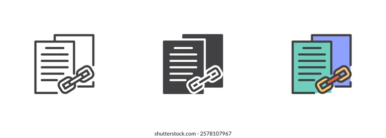 Smart contract different style icon set. Line, glyph and filled outline colorful version, outline and filled vector sign. Document with chain symbol, logo illustration. Vector graphics