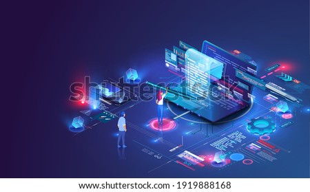 Smart contract and digital signature concept. Concept for electronic signature, distance business, Laptop and contract hologram image for signature. Girl putting signature into legal document. Vector