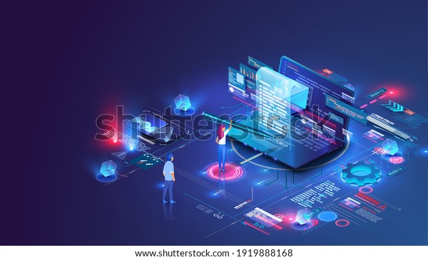 Smart contract and digital signature concept.\
Concept for electronic signature, distance business, Laptop and\
contract hologram image for signature. Girl putting signature into\
legal document. Vector