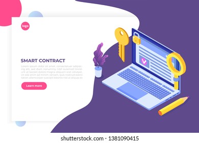 Smart contract, Digital signature isometric concept. Blockchain technology. Vector illustration