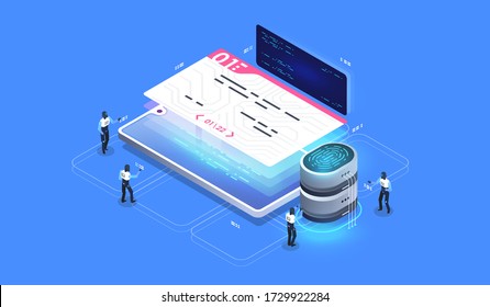 Intelligente Verträge, digitale Unterschrift. Digitaler Sicherheitszugriff mit biometrischen Daten. Vector isometrische Abbildung.