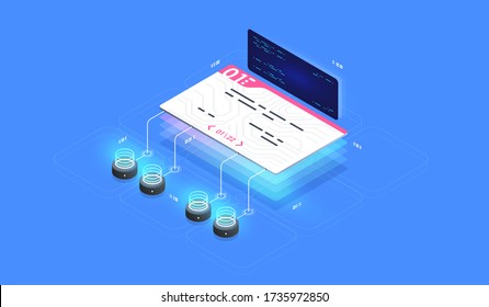 Smart contract, digital signature. Digital security access with biometrics data. Vector isometric illustration.