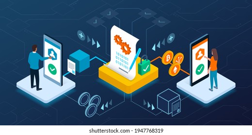 Smart contract execution on blockchain, users are exchanging assets and cryptocurrency, finance and technology concept