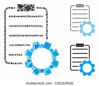 Smart contract gear mosaic of irregular elements in various sizes and color tints, based on smart contract gear icon. Vector irregular elements are composed into composition.