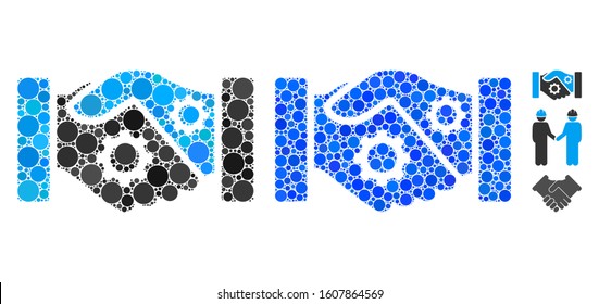 Smart contract handshake mosaic of round dots in various sizes and color tinges, based on smart contract handshake icon. Vector round elements are composed into blue mosaic.