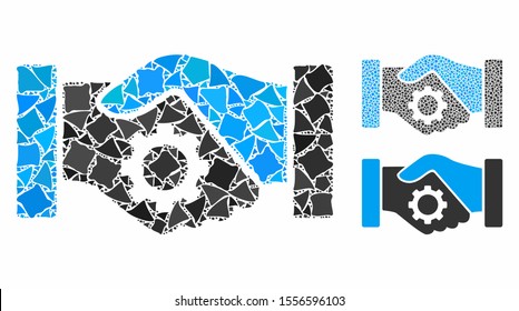 Smart contract handshake mosaic of tuberous elements in various sizes and color tints, based on smart contract handshake icon. Vector raggy elements are united into collage.
