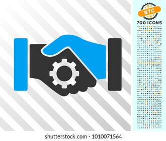Smart Contract Handshake pictograph with 7 hundred bonus bitcoin mining and blockchain symbols. Vector illustration style is flat iconic symbols designed for crypto currency software.