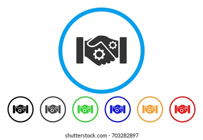 Smart Contract Handshake vector rounded icon. Image style is a flat gray icon symbol inside a blue circle. Bonus color versions are gray, black, blue, green, red, orange.