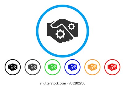 Smart Contract Handshake vector rounded icon. Image style is a flat gray icon symbol inside a blue circle. Additional color variants are gray, black, blue, green, red, orange.