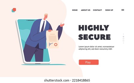 Smart Contract And Highly Secure Digital Electronic Signature Landing Page Template. Tiny Business Man Holding Legal Signed Document on Huge Mobile Phone Screen. Cartoon People Vector Illustration