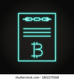 Smart contract icon in neon line style. Blockchain technology concept. Agreement page with chain symbol. Vector illustration.