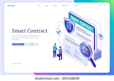 Smart contract isometric landing page. Concept of electronic signature, blockchain crypto technology. Businessmen handshake at huge tablet with digital online e-contract document 3d vector web banner