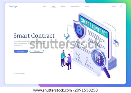 Smart contract isometric landing page. Concept of electronic signature, blockchain crypto technology. Businessmen handshake at huge tablet with digital online e-contract document 3d vector web banner