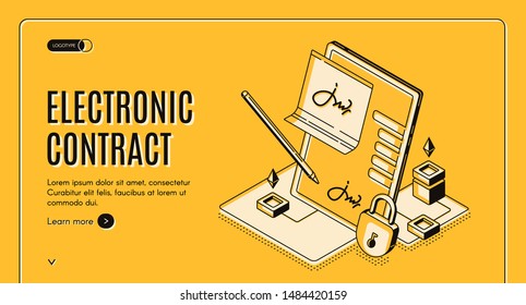 Smart contract isometric web banner, blockchain cryptocurrency etherium, e-signature on document at mobile screen, digital secured fingerprint internet technology. 3d vector landing page, line art