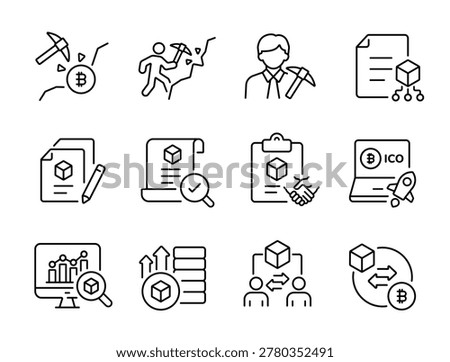 Smart contract and mining icon set. Collection of cryptocurrency, blockchain audit, decentralized agreement and ico fundraising line icon vector illustration with editable stroke.