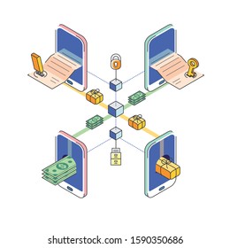 Smart contract on blockchein system. Transaction process. Digital sign. Blockchain technology. Online banking.