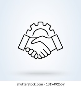 Smart Contract Setup Gear sign line icon or logo. Handshake or part of the square concept. Physical Systems and handshake gear linear vector illustration.