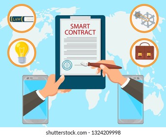 Smart Contract Vector Flat Law Firm. Signing of Contract Online is Sealed. Certified Study on Energy Capacity for Business Technical Innovations Fast Conclusion of Agreement Internet.