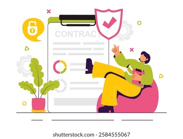 Smart Contract Vector Illustration featuring an Electronic Contract, Digital Document, and Online User Agreement with a Secure Digital Signature