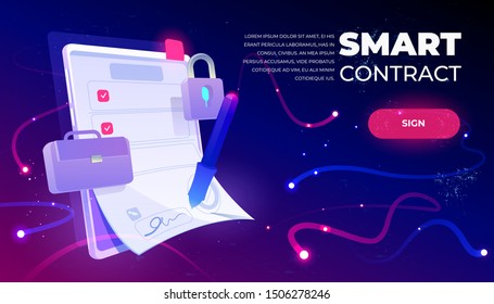 Smart contract web banner, e-signature on document at mobile screen, digital secured internet technology. Padlock and briefcase on futuristic neon background. Cartoon vector illustration, landing page