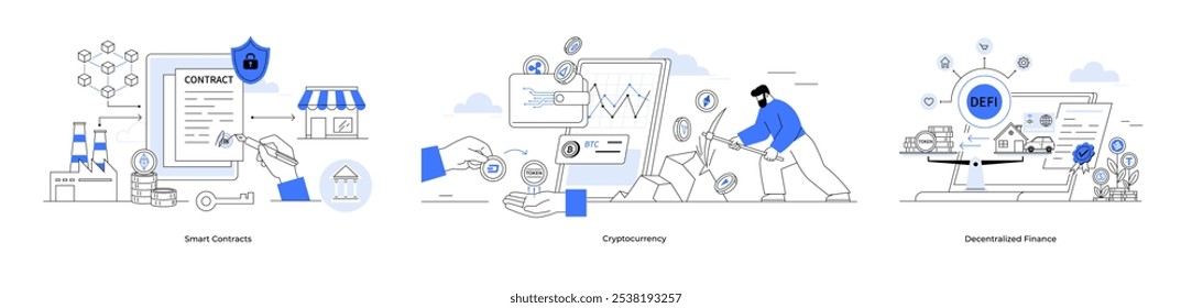 Contratos inteligentes, finanzas descentralizadas, criptomonedas. Contratos digitales con características de seguridad, transacciones de criptomonedas y actividades financieras descentralizadas. Tecnología de la seguridad blockchain