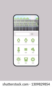 smart control farming system mobile application organic hydroponic green plants row cultivation farm greenhouse technology smartphone screen vertical