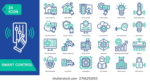 Conjunto de colección de iconos de Smart Control. Automatización del hogar, control del hogar, control de tráfico, control de potencia. Iconos del vector del color de línea