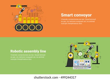 Smart Conveyor, Robotic Assembly Line Industrial Automation Industry Production Web Banner Flat Vector Illustration
